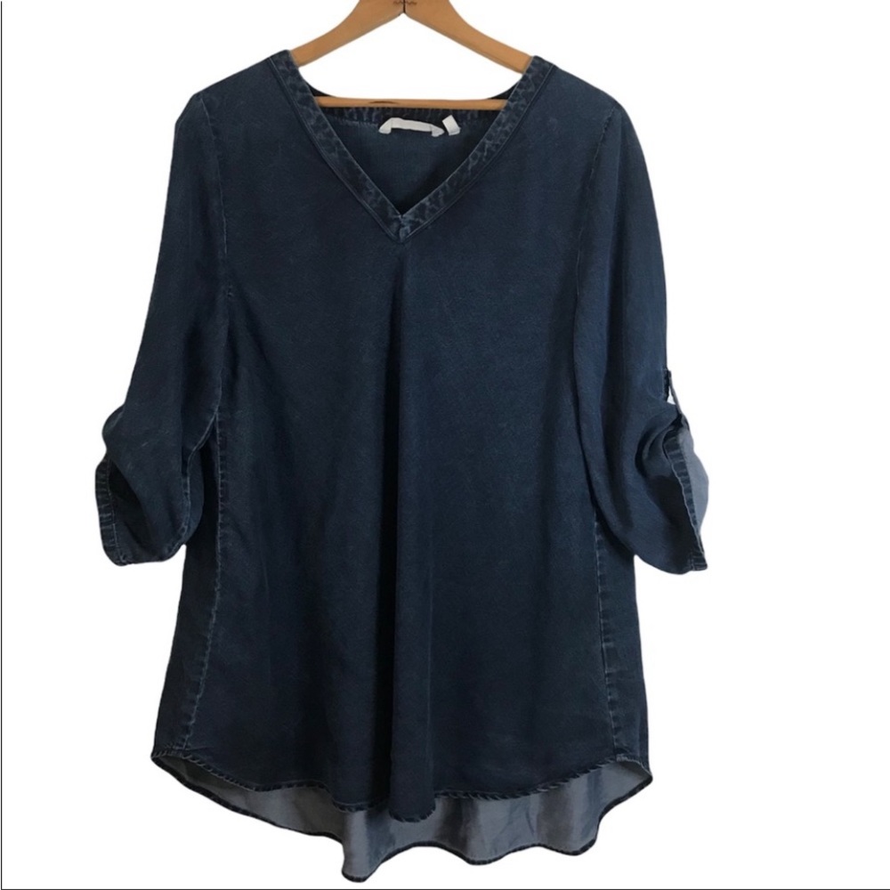 Soft Surroundings Blue Chambray High/Low Roll Tab Sleeve Pop Over Top Size M